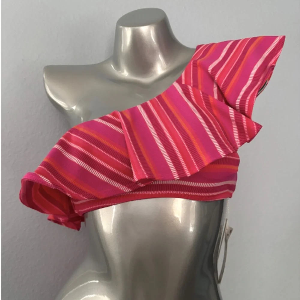 Trina Turk Pink & Orange One-Shoulder Ruffle Stripe Bikini - Picture 2 of 9
